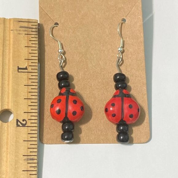 Ladybug Dangle Drop Slip On Beaded Statement Earrings Red Black Silver Tone - Picture 3 of 3